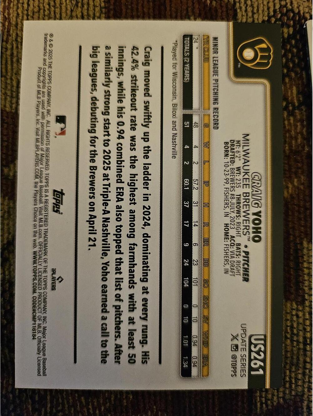 2025 Topps Update #US261 - Craig Yoho - Brewers - Rookie Card - Picture 2 of 2